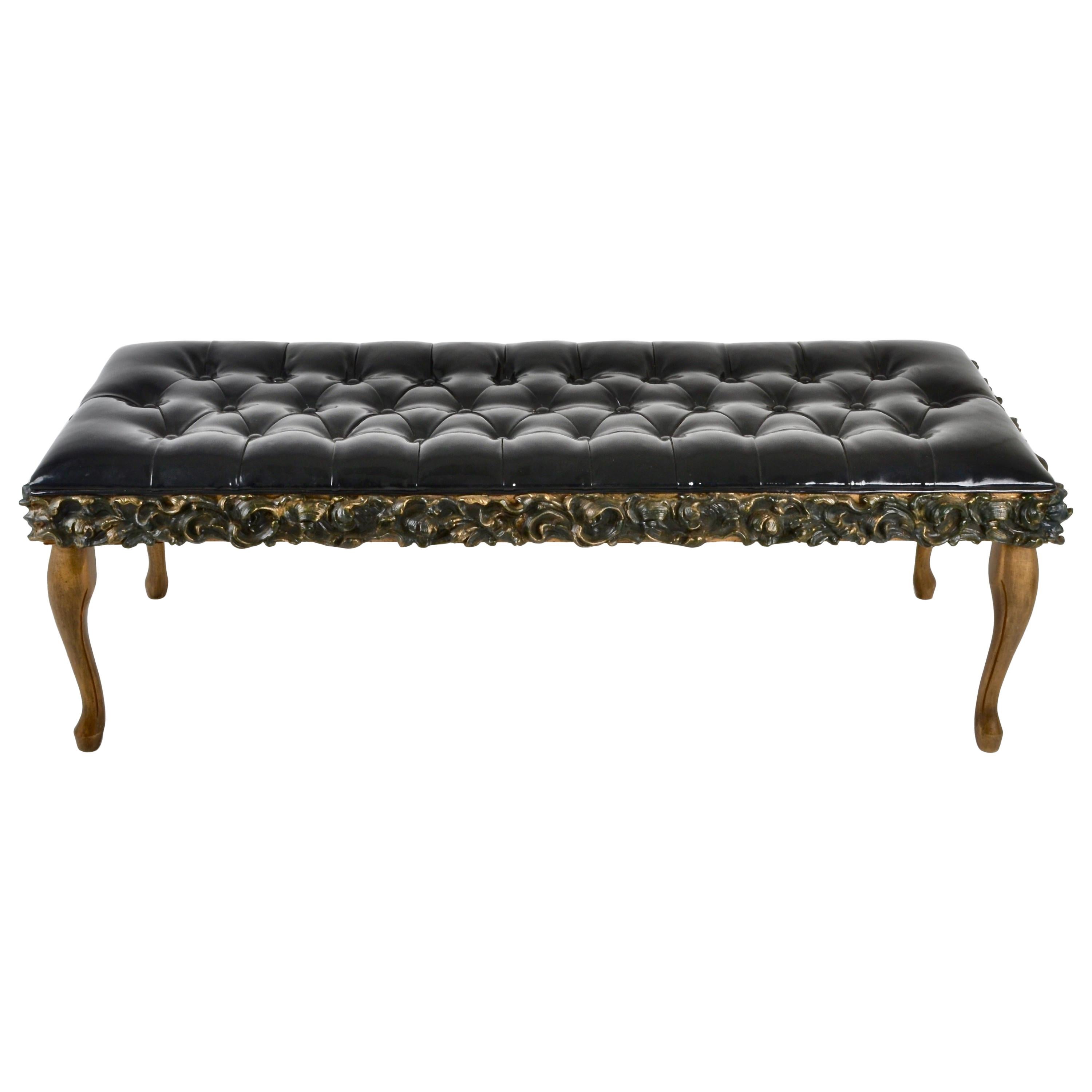 Tufted Bench with Figured Polychromed Base and Patent Leather Cover
