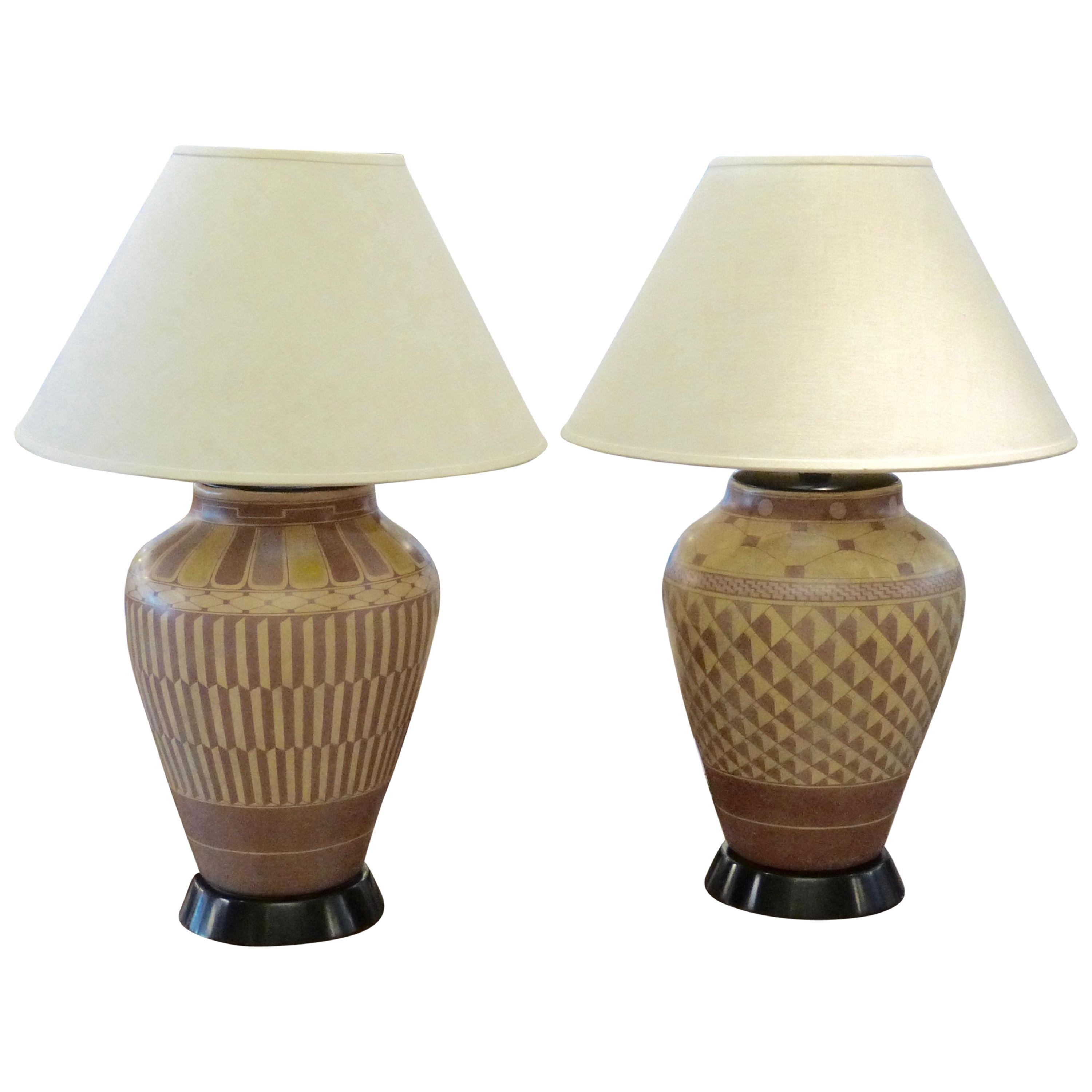Pair of Steve Chase Designed Native American Pottery Lamps