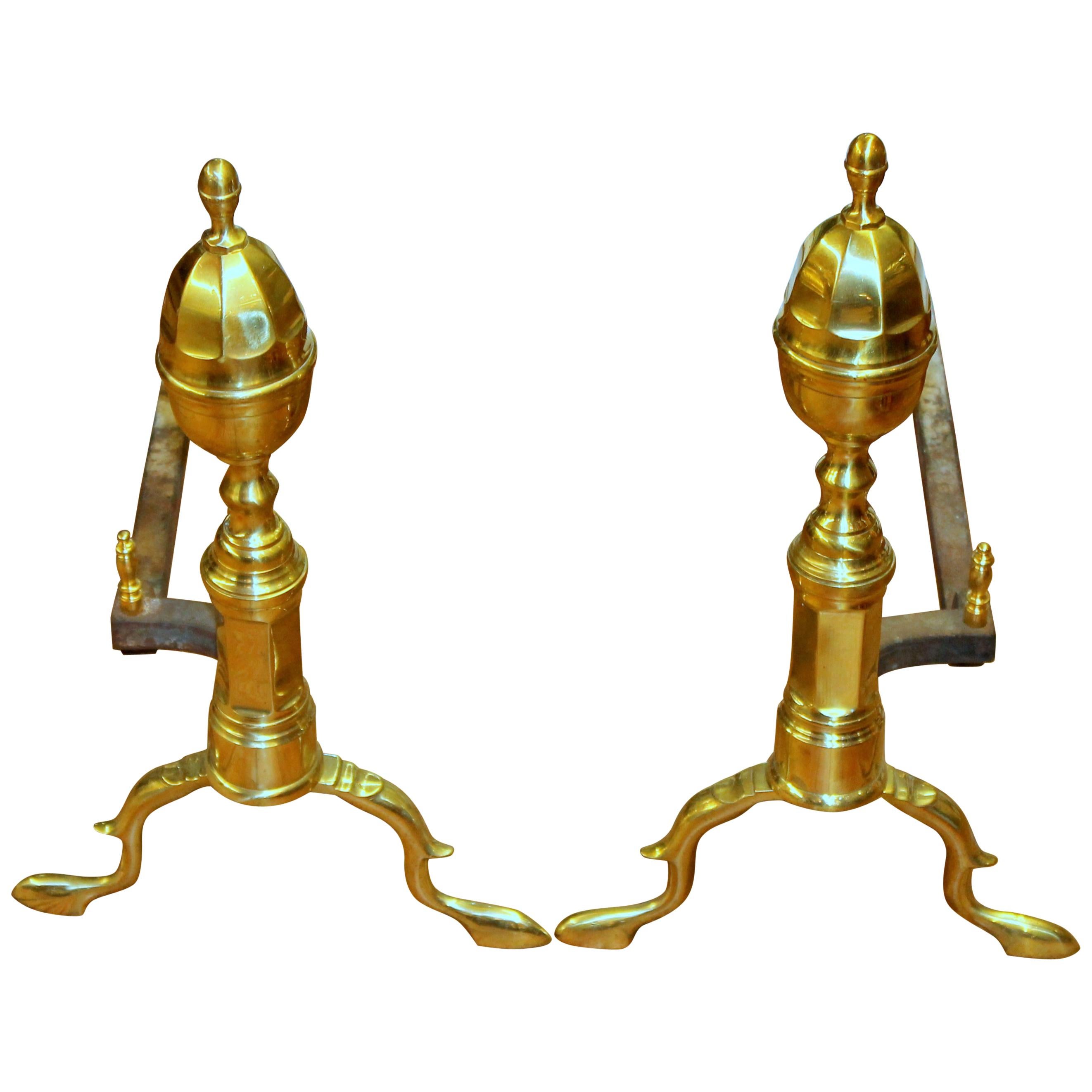 Pair of Old American Federal Style Cast Brass "Lemon-Top" Andirons