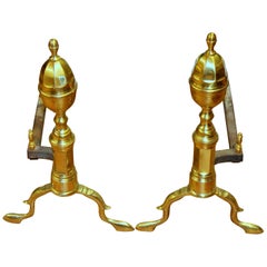 Antique Pair of Old American Federal Style Cast Brass "Lemon-Top" Andirons