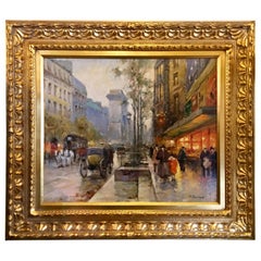 Peinture à l'huile originale de Paul Renard représentant une scène de rue parisienne sur l'avenue Montaigne