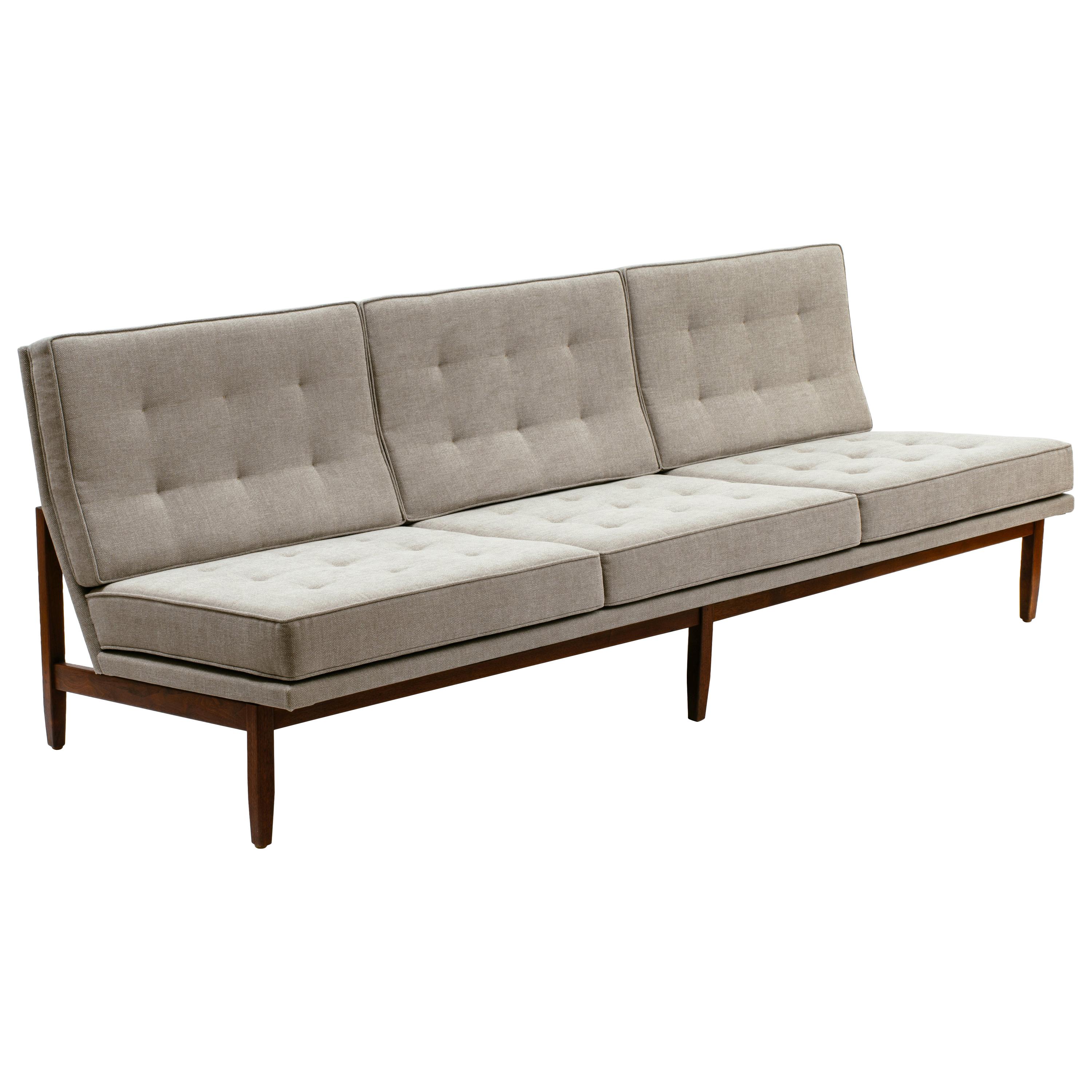 Florence Knoll Armless Three-Seat Sofa with Walnut Frame and New Gray Upholstery