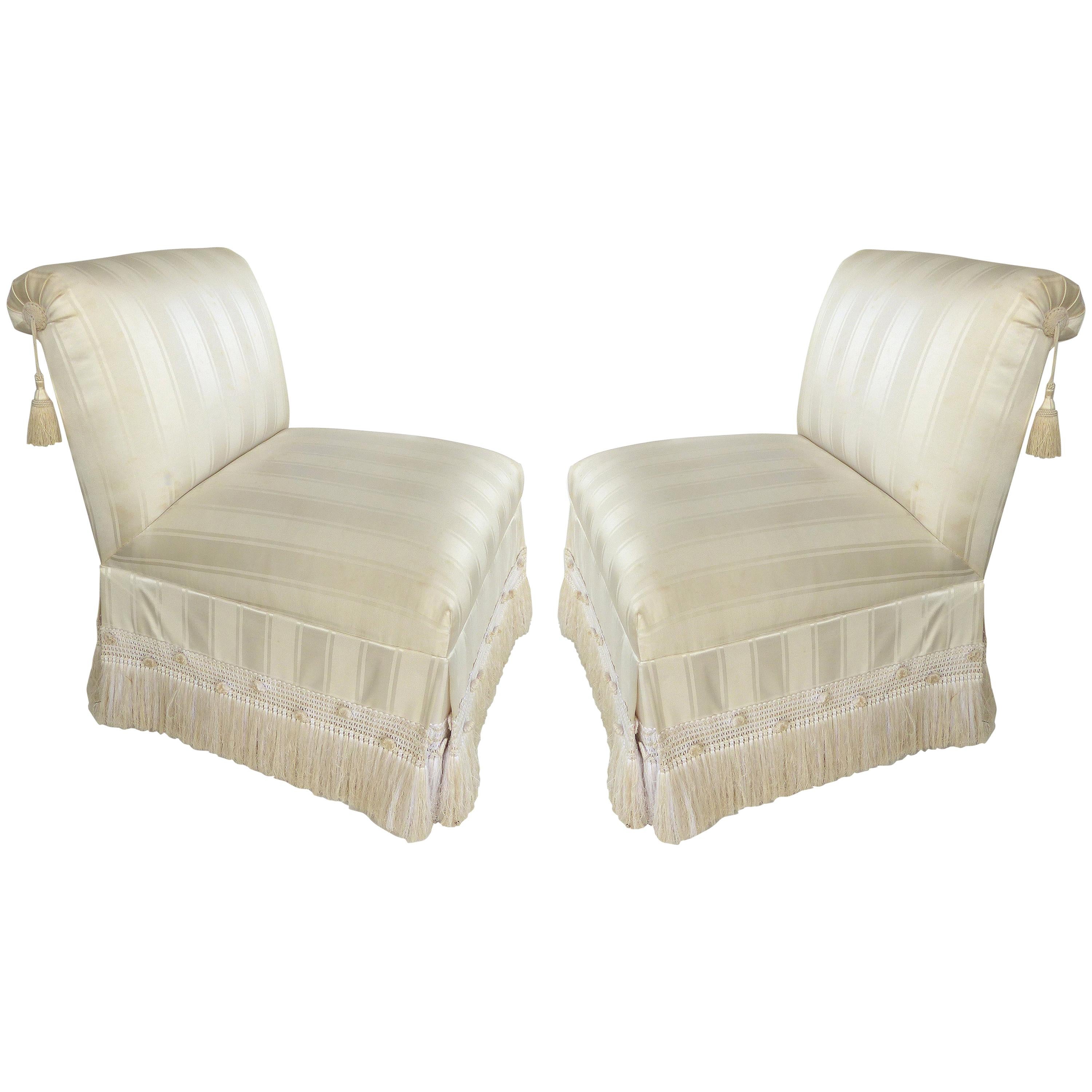 Custom Upholstered Slipper Chairs with Trim and Tassels, Pair