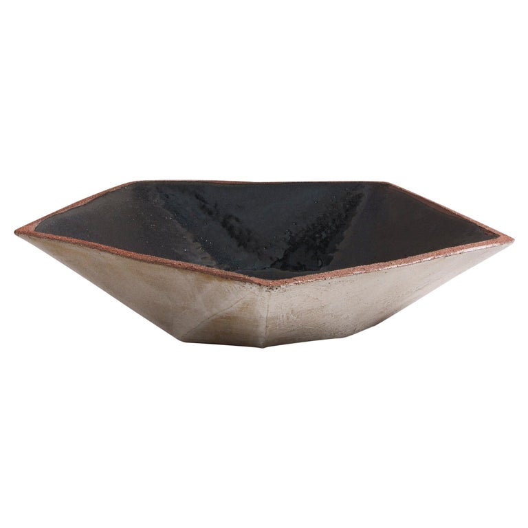 Facet Matte Gray and Black Glazed Low, Wide Geometric Ceramic Coffee