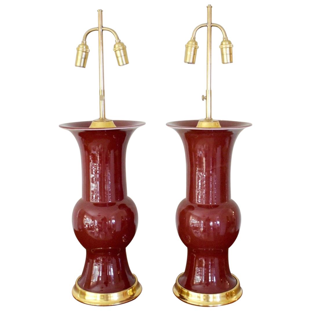 Pair Large Gu Form Sang de Boeuf Oxblood Red Lamps on 23K Water Gilt Bases