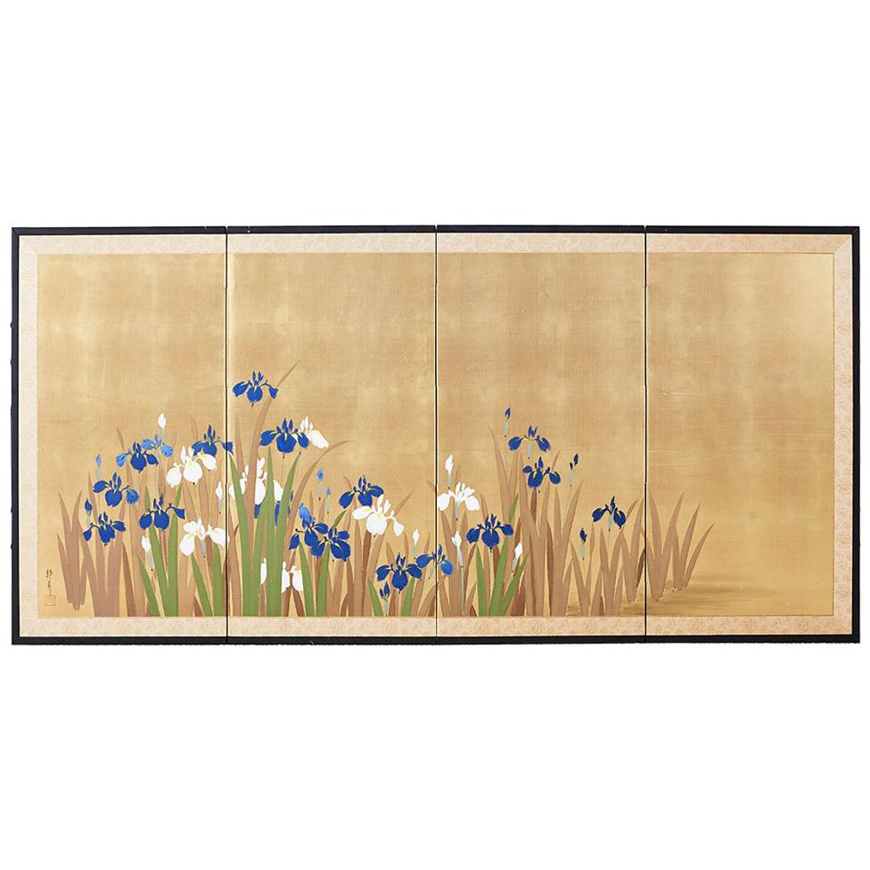 Japanese Four-Panel Byobu Screen Irises on Gilt