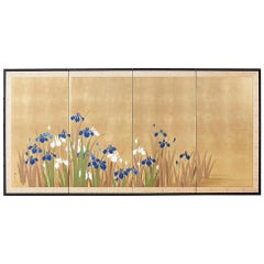 Japanese Four-Panel Byobu Screen Irises on Gilt