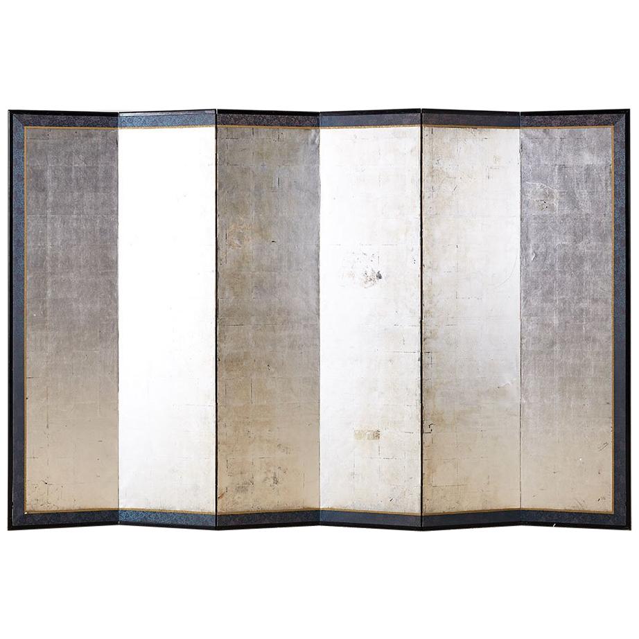 Japanese Meiji Six-Panel Silver Leaf Screen