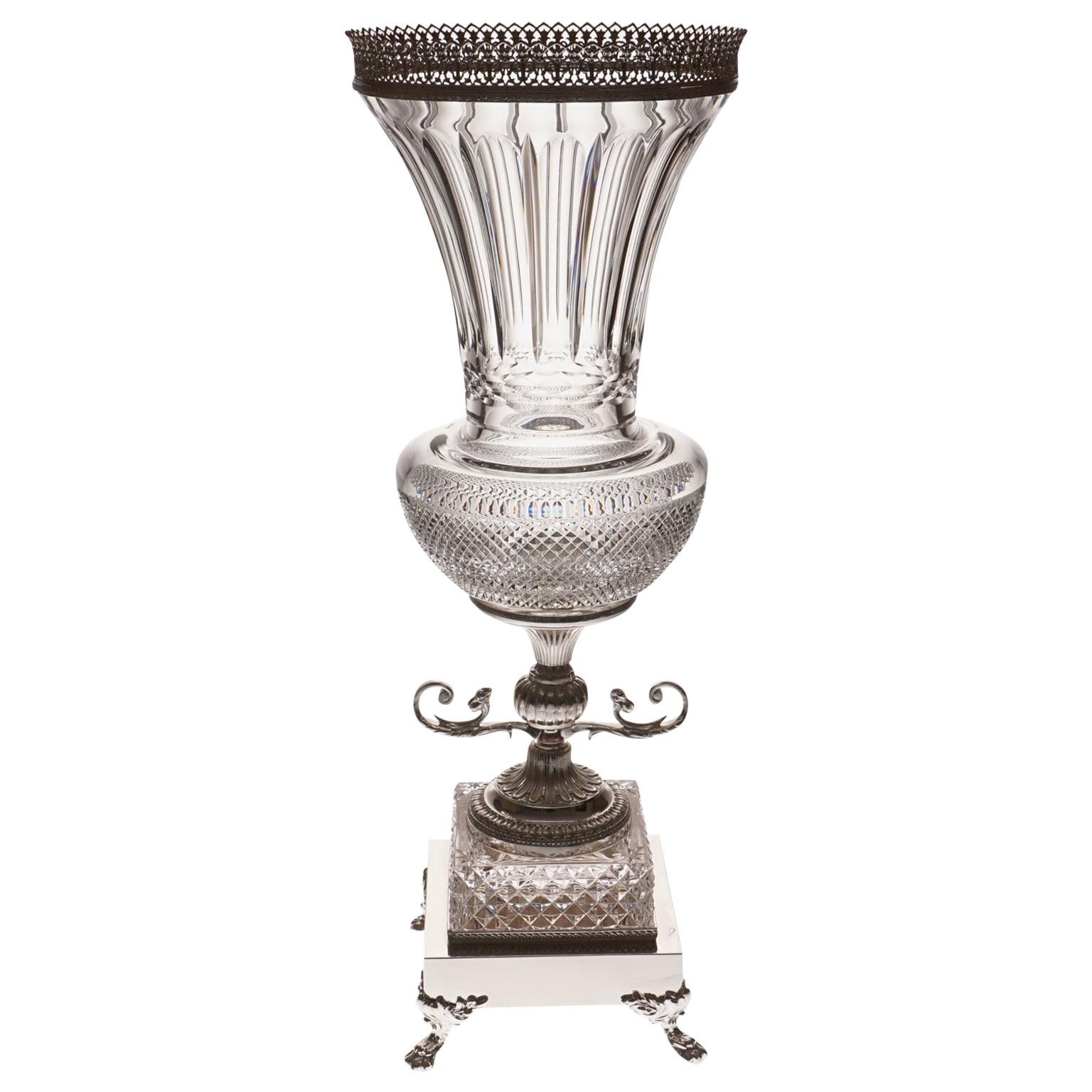 Crystal Vase with Bronze Covered with Platinum, Oriental-Style For Sale