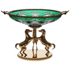 Green Crystal Bowls or Vase with Bronze Covered 22-Carat Gold, Design Horses