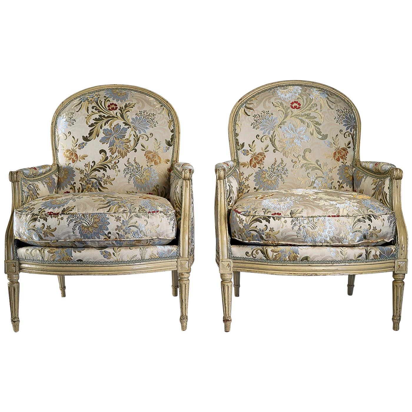 French Louis XVI Period, Lacquered Beech-Wood Pair of Large Bergeres, circa 1780
