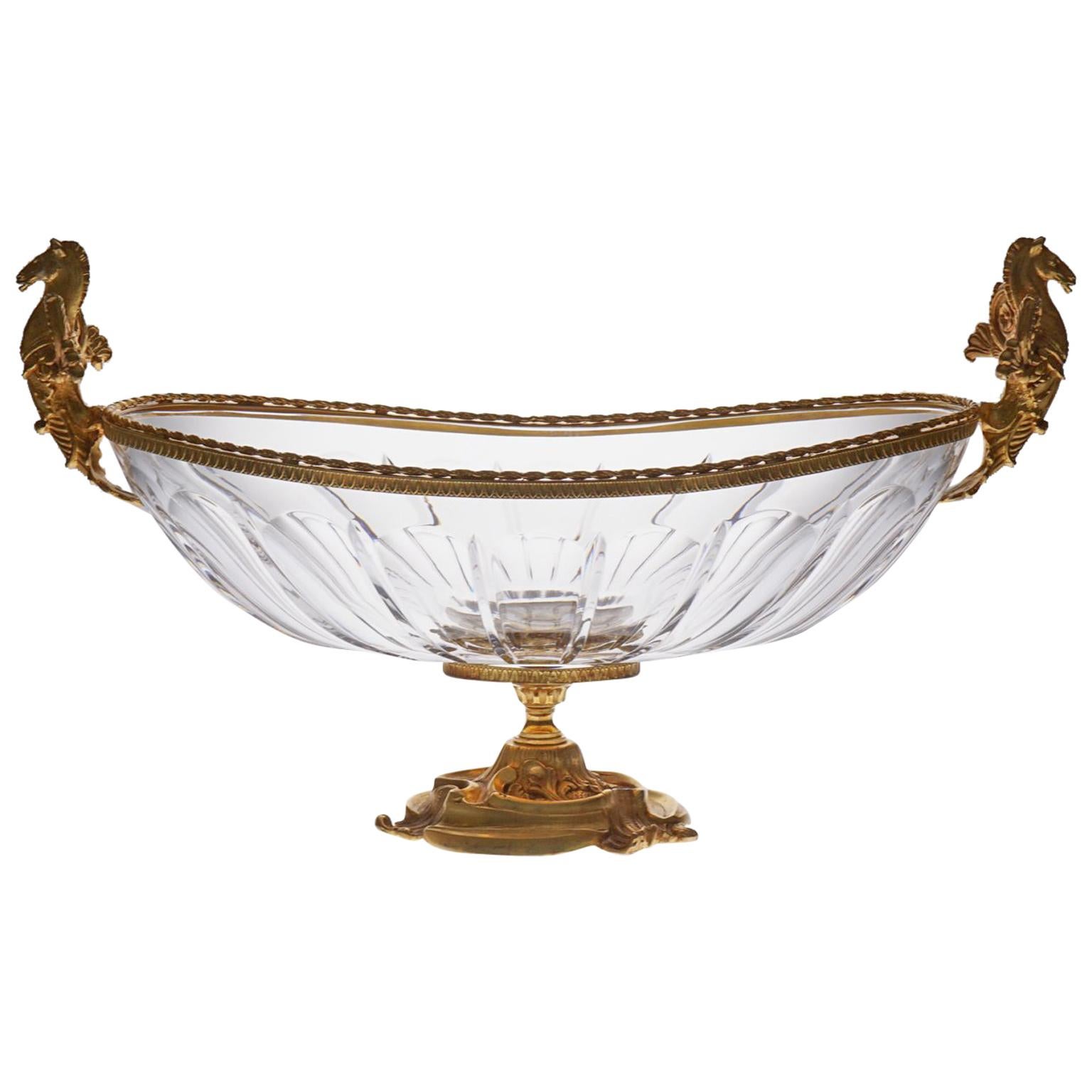 Clear Crystal Jardinière with Bronze Covered 22-Carat Gold, Horses Details For Sale