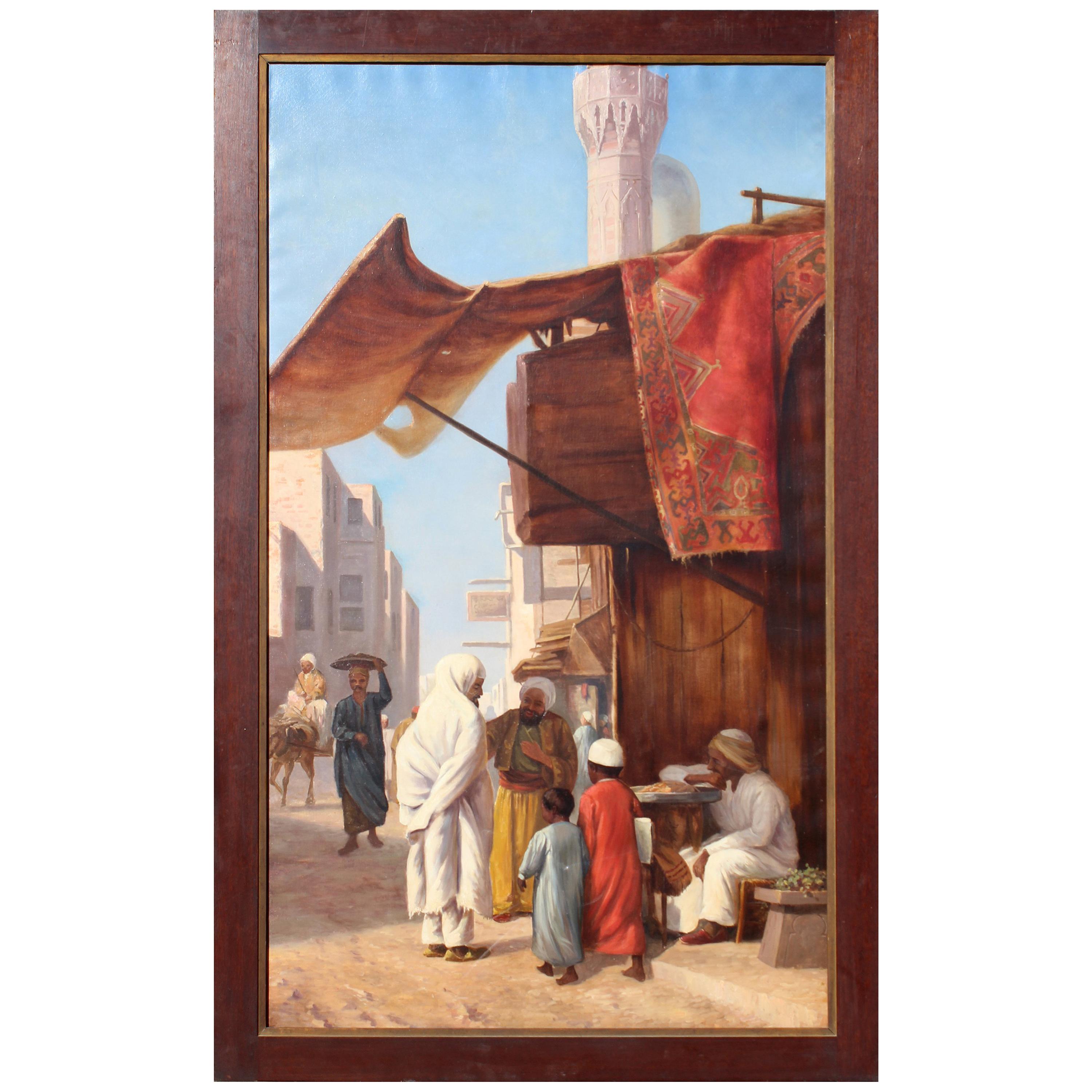1970s Hand Painted Orientalist Oil on Canvas with Wooden Frame
