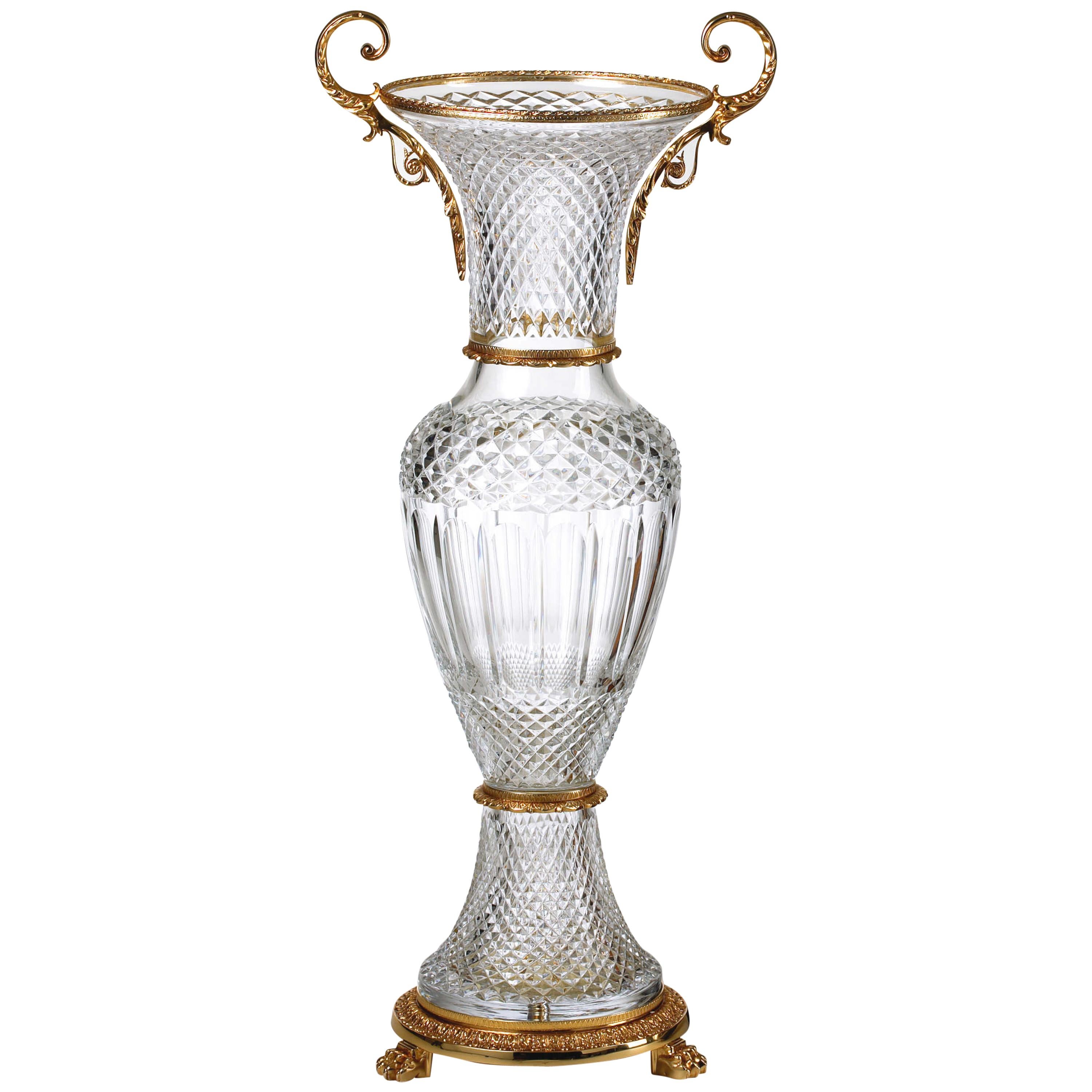 Large Clear Crystal Vase with 22-Carat Gold Covered Bronze, Oriental Style For Sale