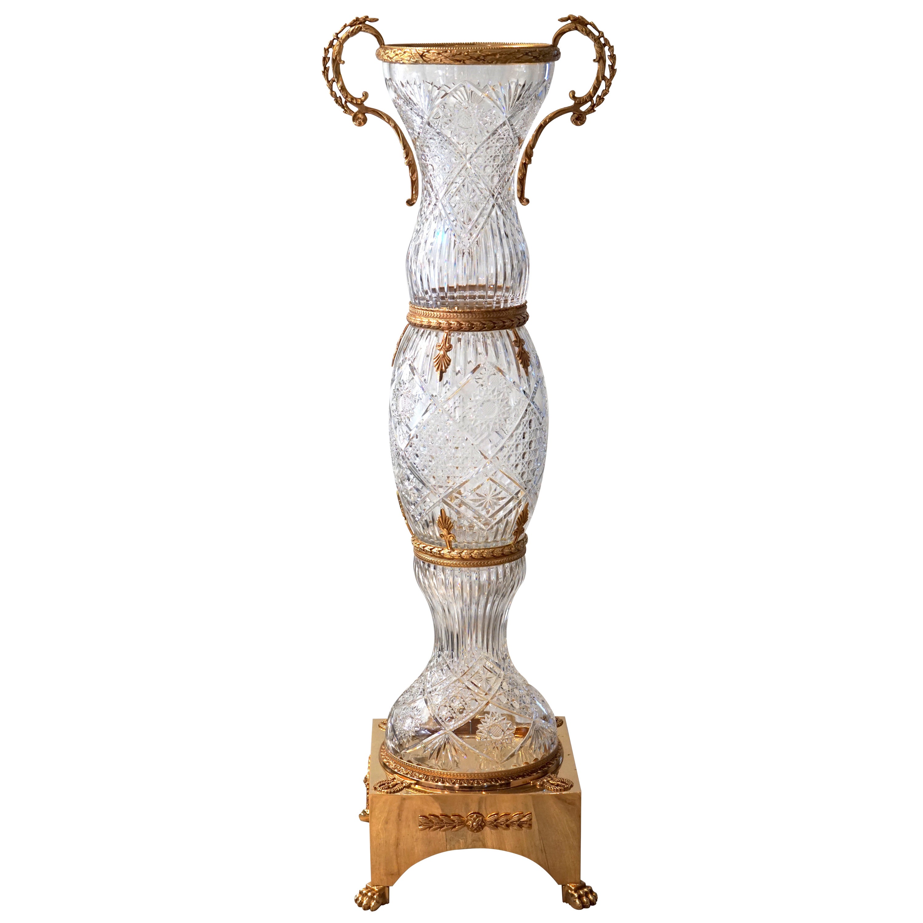 Large Clear Crystal Vase with 22Carat Gold Covered Bronze, Oriental Style For Sale at 1stDibs