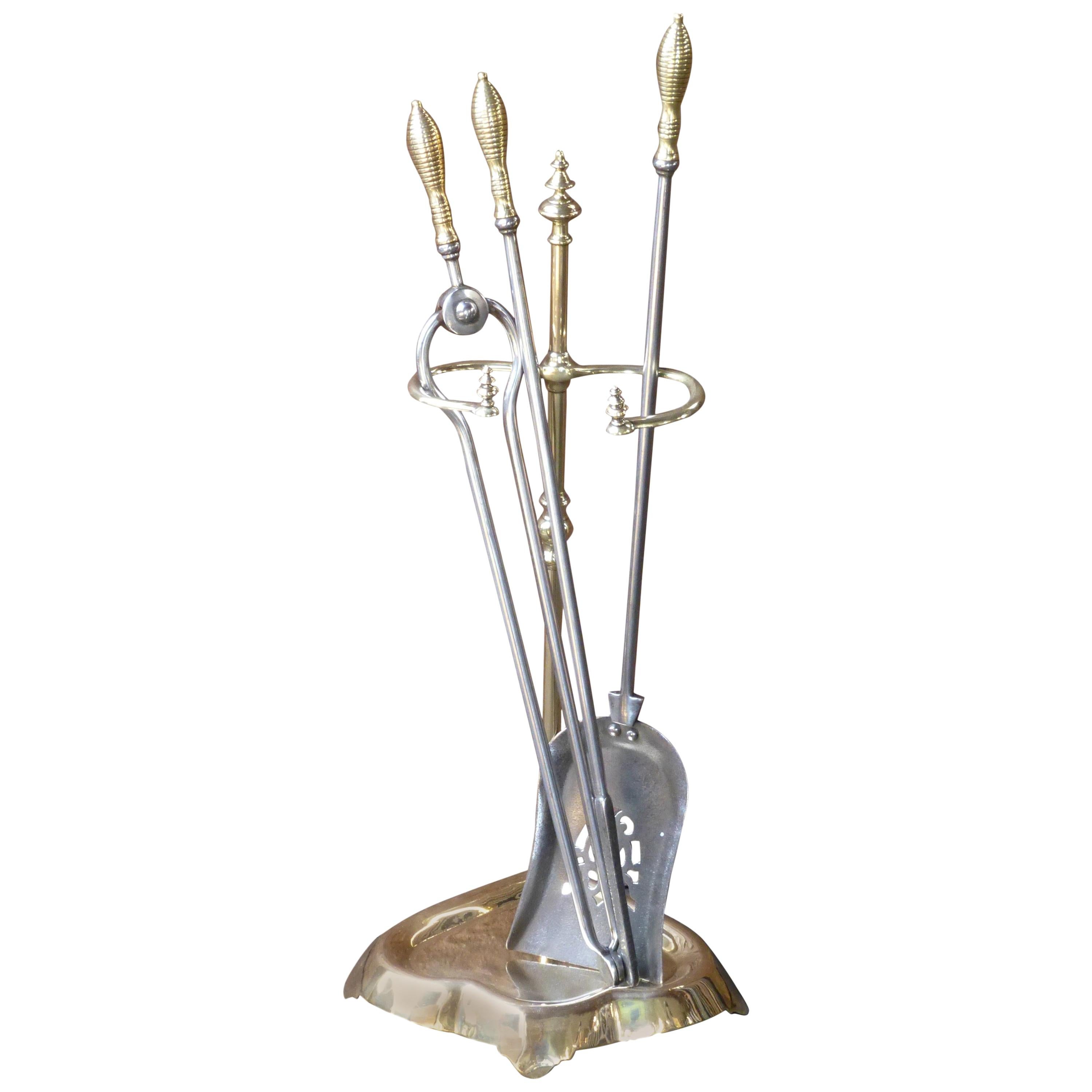 Antique Polished Brass and Steel Fire Tool Set and Stand, 19th Century