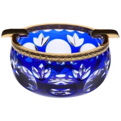 Blue Crystal Small Ashtray with Bronze Covered with Gold, Oriental Style
