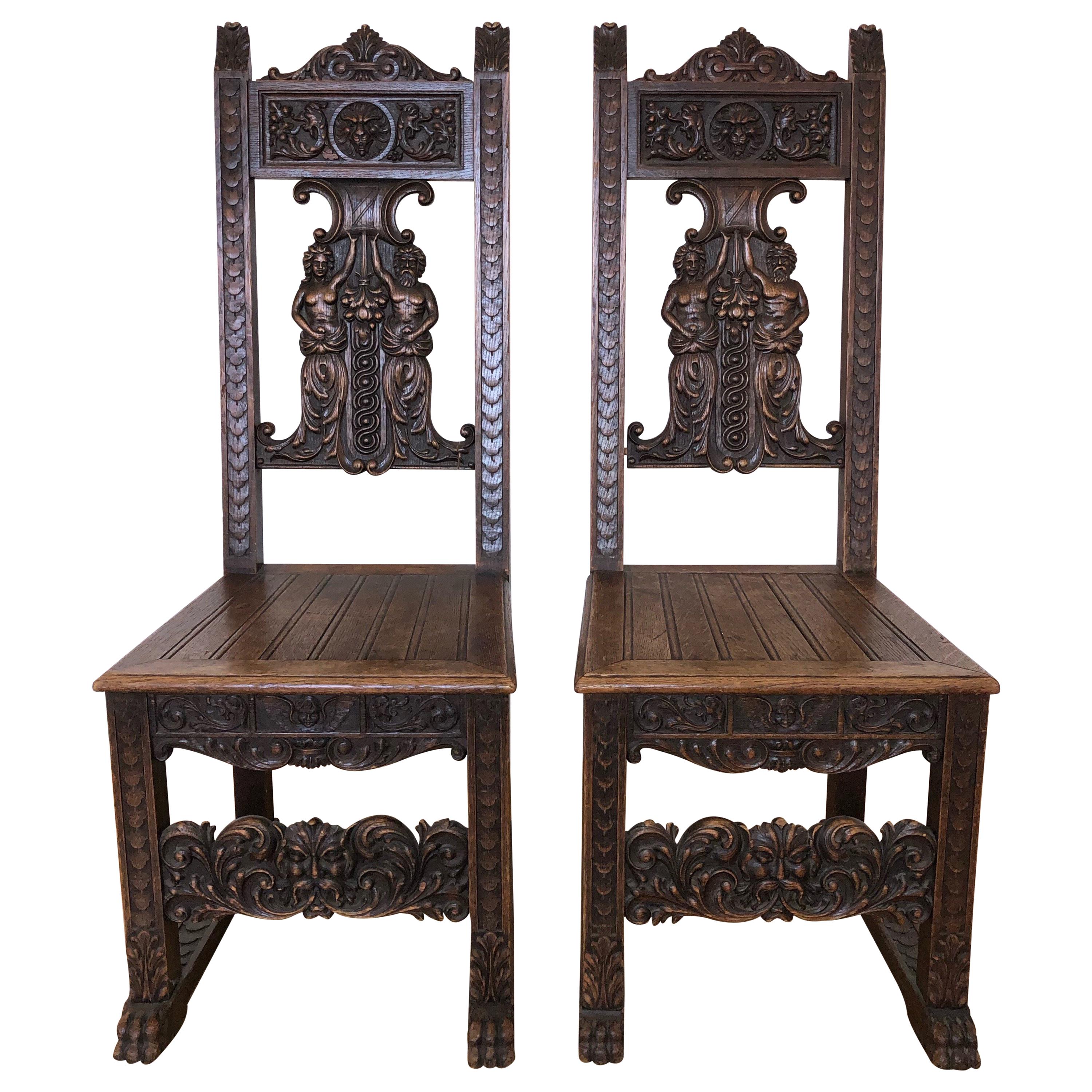 SALE Pair of Rustic Carved Wood Renaissance Style Italian Side Chairs