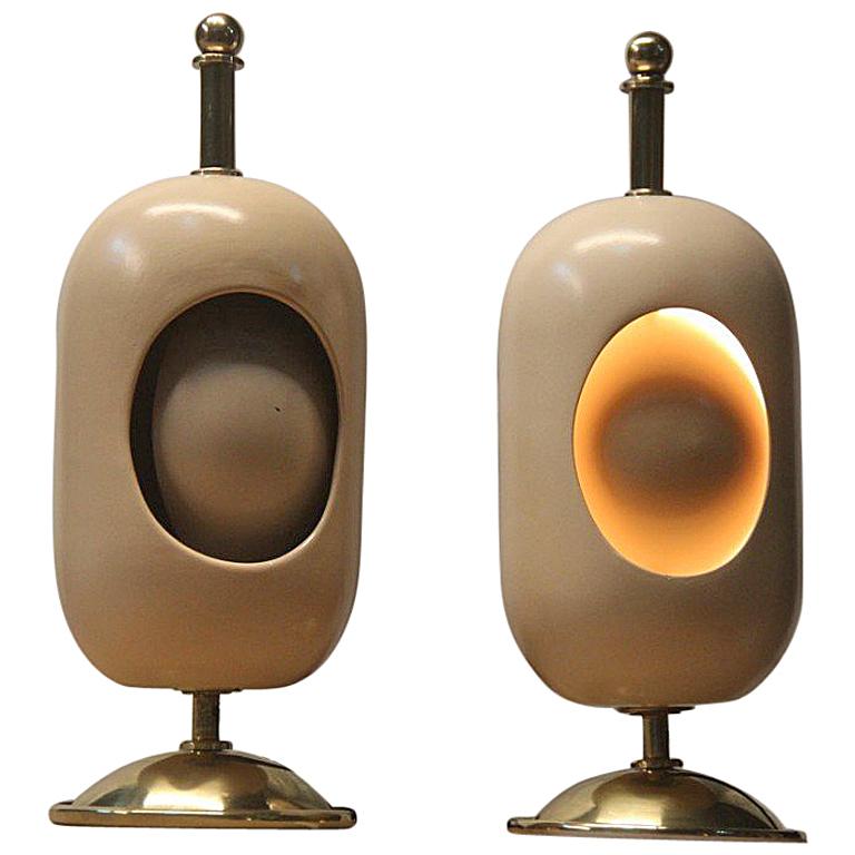Pair of Oval Table Lamp Midcentury Italian Design Brass Gold Ceramic Eclipse