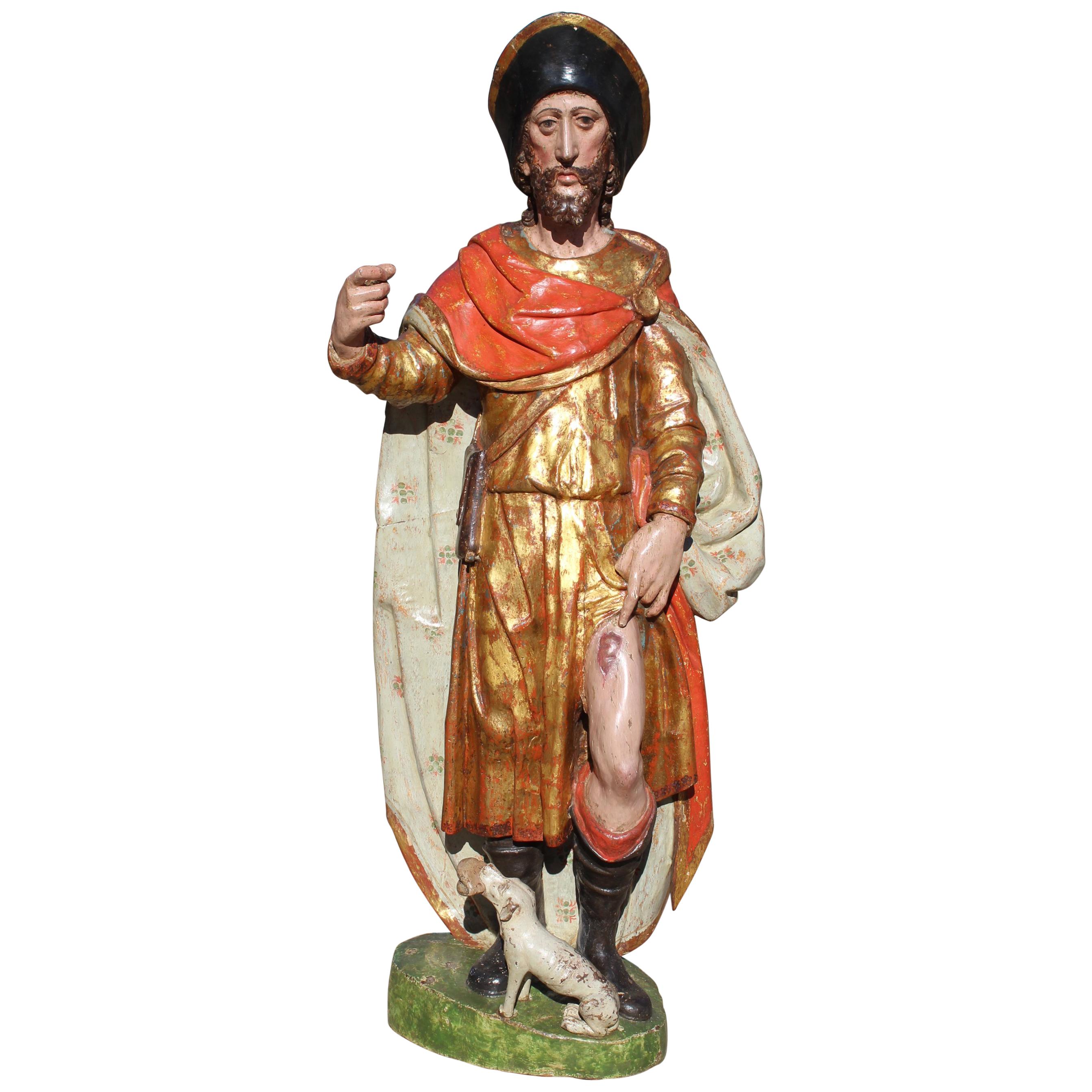 16th Century Spanish Gilded Painted Wood Sculpture of Saint Roch