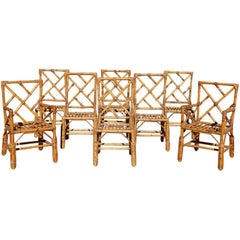 1970s English Handcrafted Bamboo Set of Six Chairs and Two Armchairs