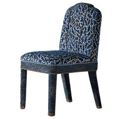 Abbas Dining Chair, Fully Upholstered in Indigo Blue Velvet & Aged Brass Studs