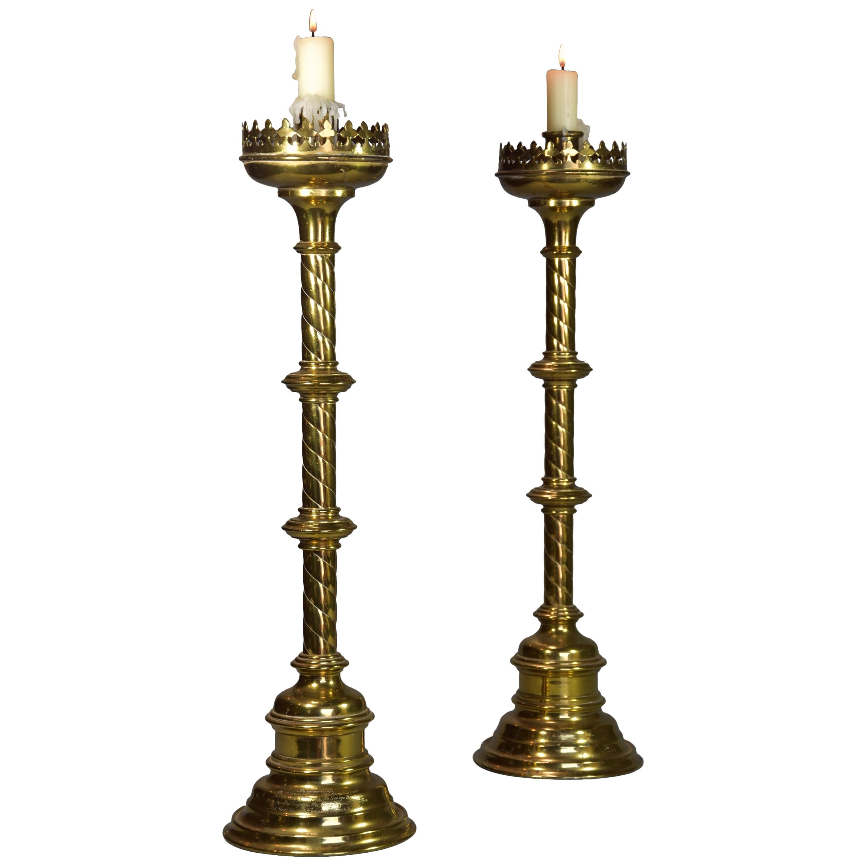 Pair of Highly Decorative Late 19th Century Gothic Style Brass Candlesticks