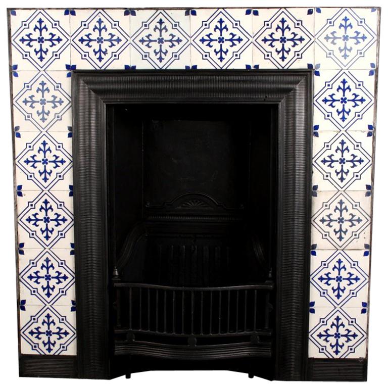 Antique Victorian Tiled Cast Iron Fireplace Insert, English 19th Century For Sale