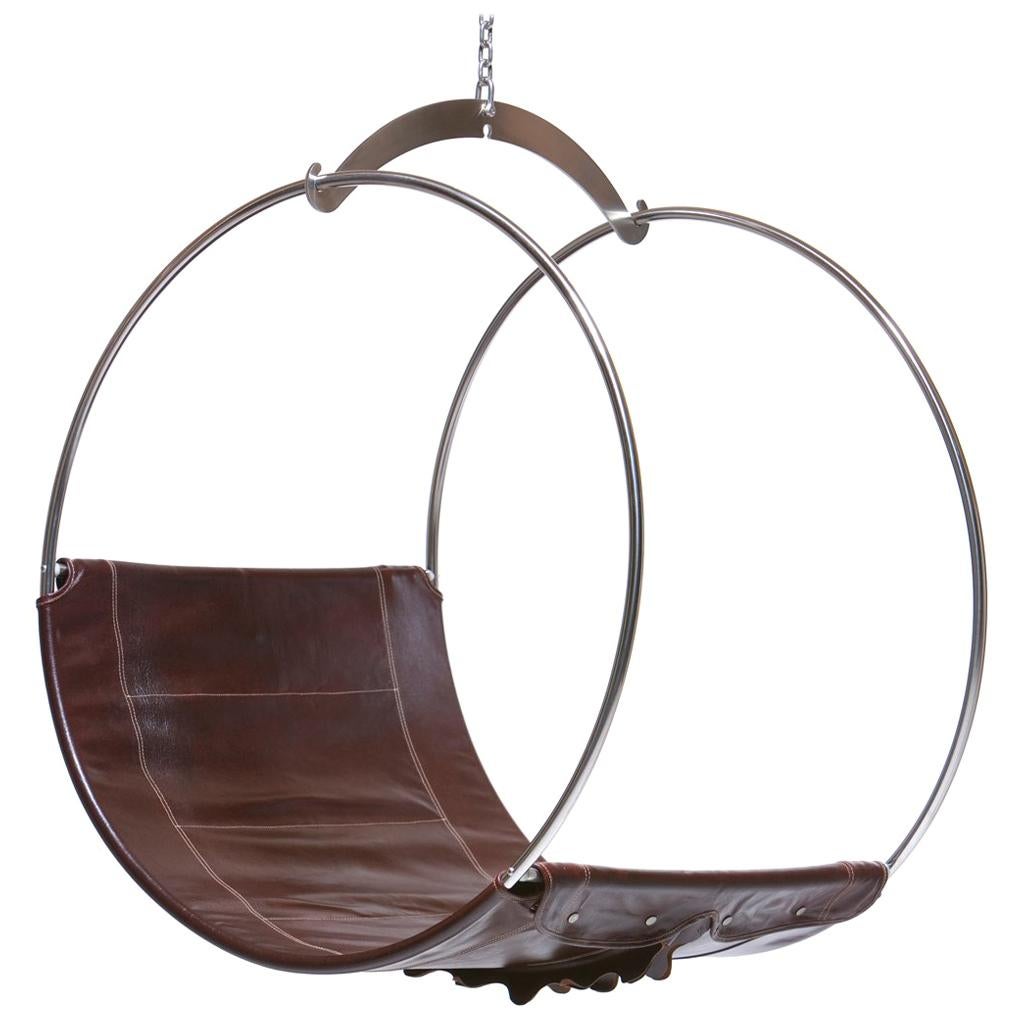 Stainless Steel and Leather Contemporary Adult Swing Chair by Egg Designs 
