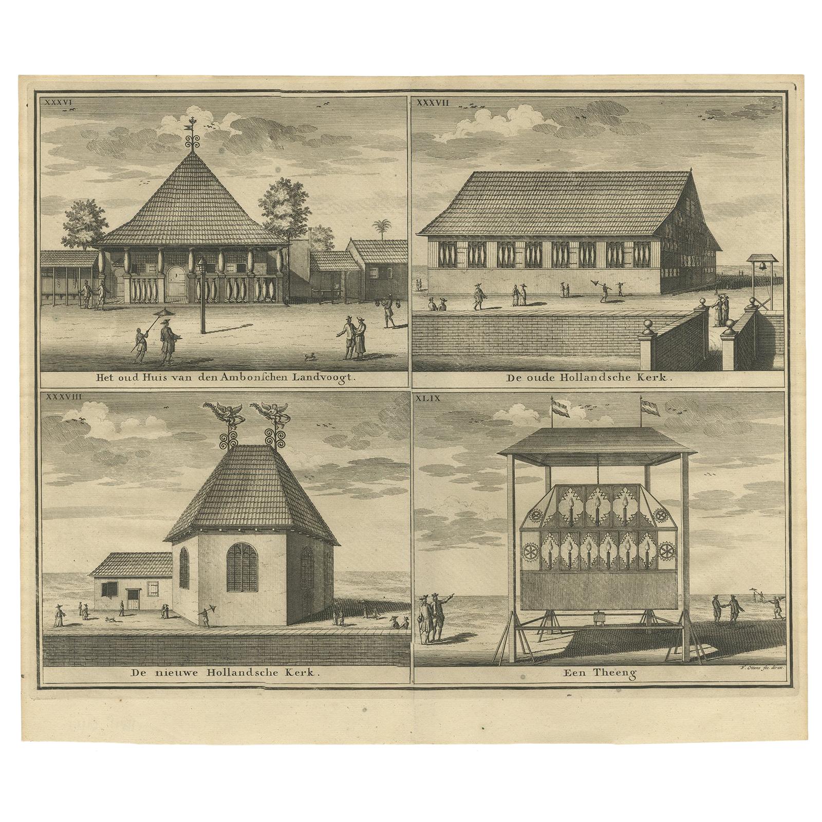 Antique Print with Four Views of Ambon by Valentijn '1726' For Sale