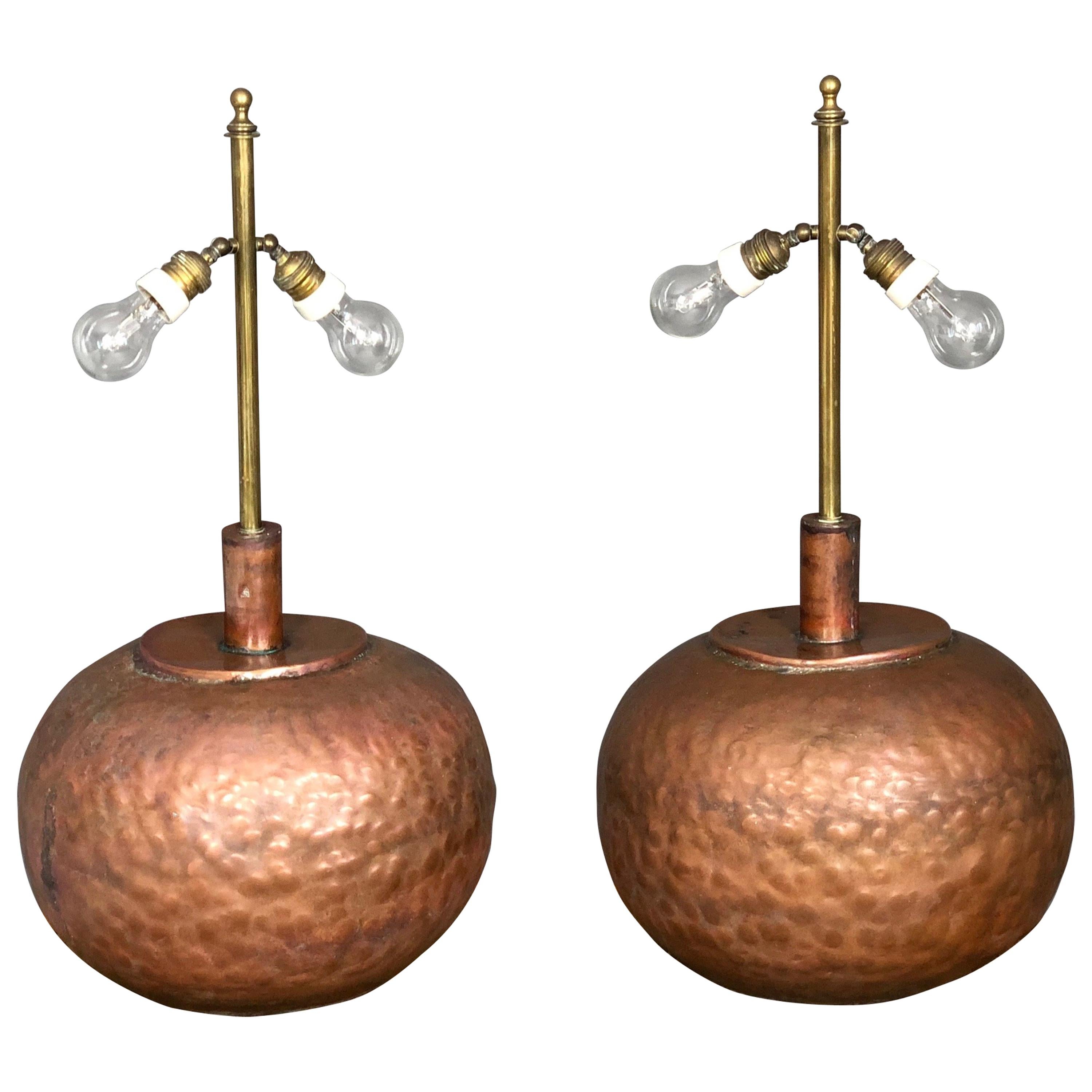 Pair of Huge Adjustable Copper Table Lamps with Brass, 1970s, Florence, Italy For Sale