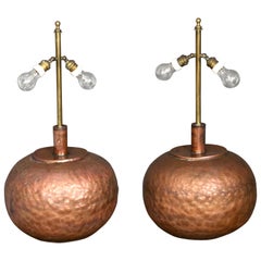 Vintage Pair of Huge Adjustable Copper Table Lamps with Brass, 1970s, Florence, Italy