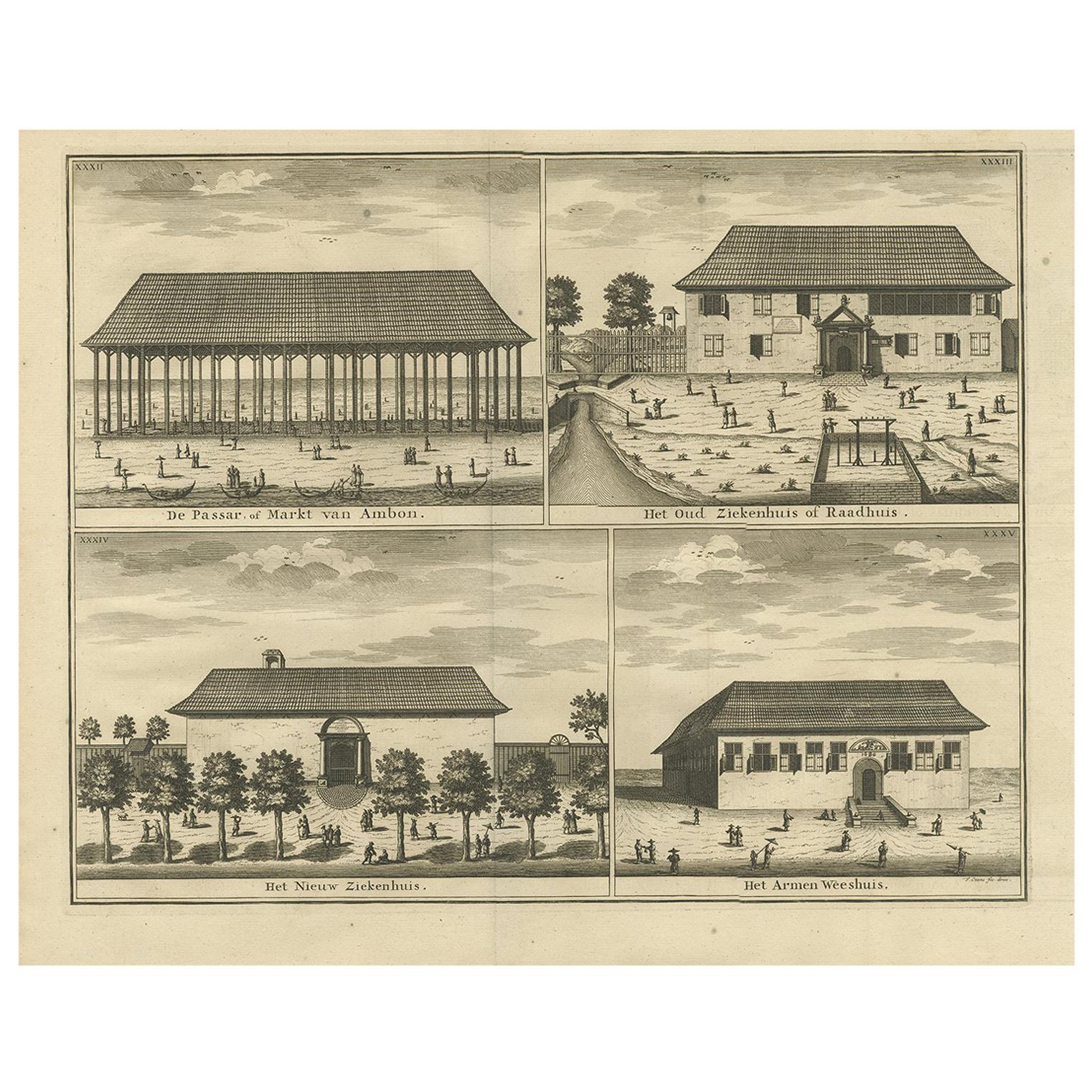 Antique Print with Four Views of Ambon ii by Valentijn, 1726