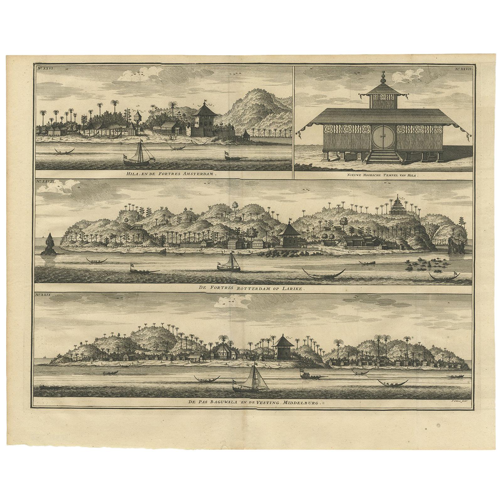 Antique Print of Hila and Fortresses by Valentijn '1726' For Sale