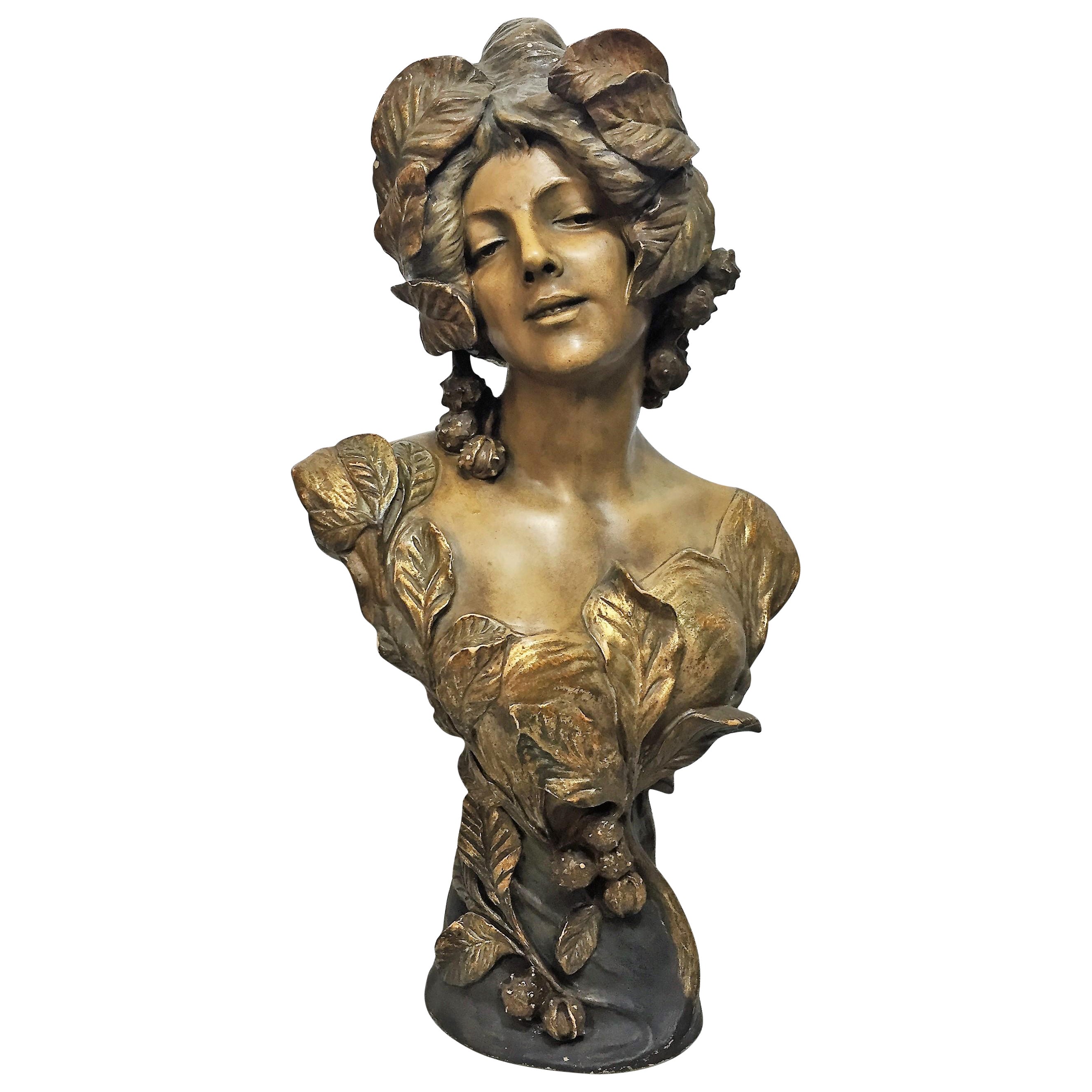 F. Goldscheider - large woman bust Polychrome Terracotta - Art Nouveau signed