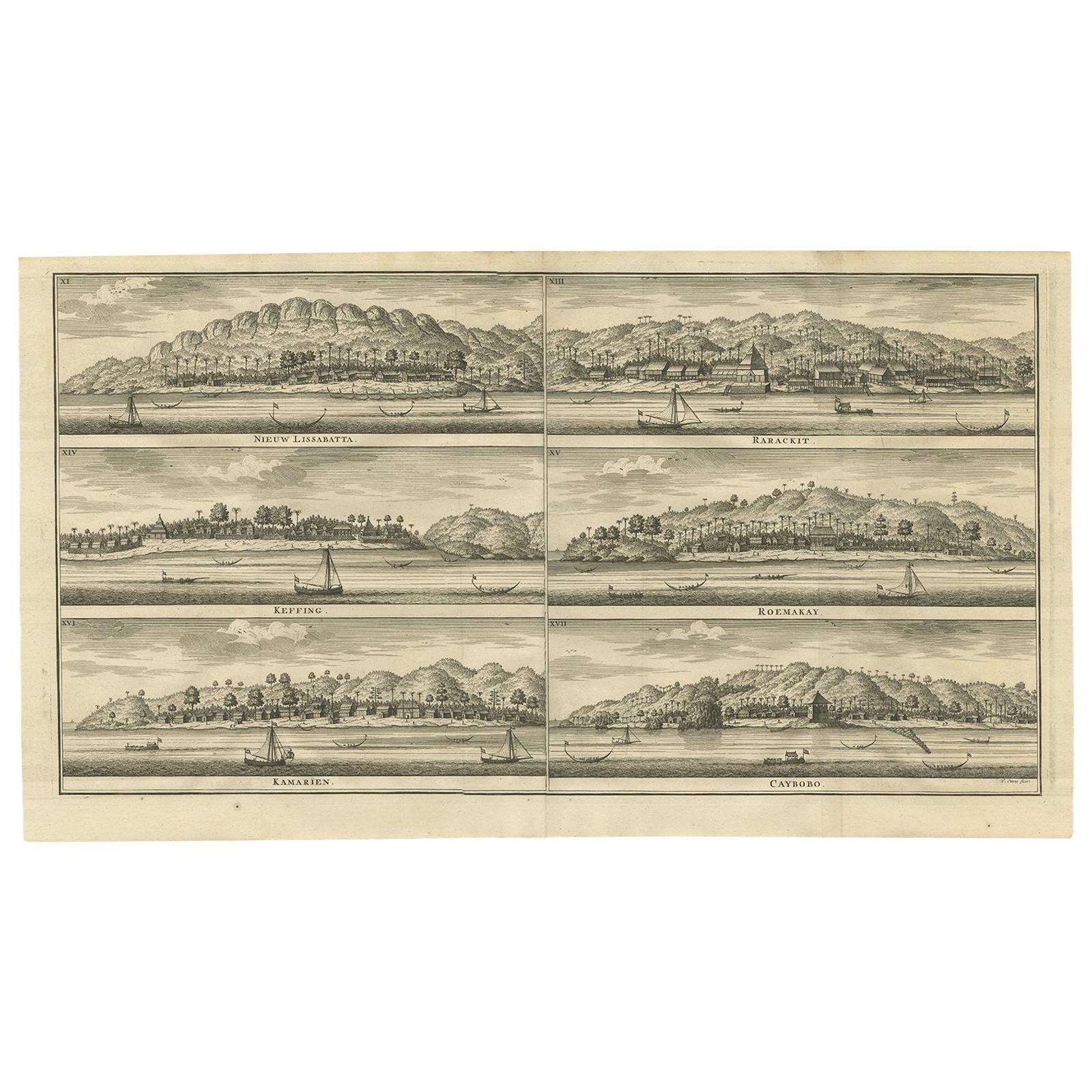 Antique Print of Trading Posts in Indonesia by Valentijn, 1726 For Sale