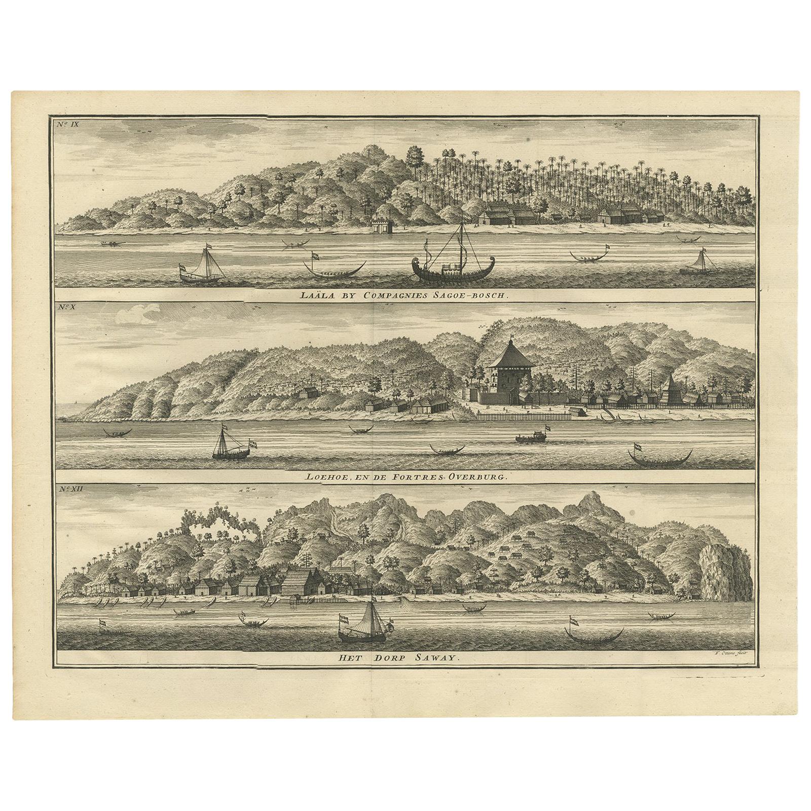 Antique Print with Three Views of Ambon by Valentijn, 1726 For Sale
