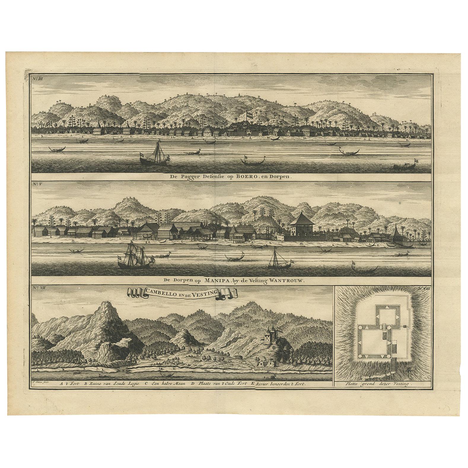 Stampa antica delle stazioni commerciali di Ambon di Valentijn, 1726