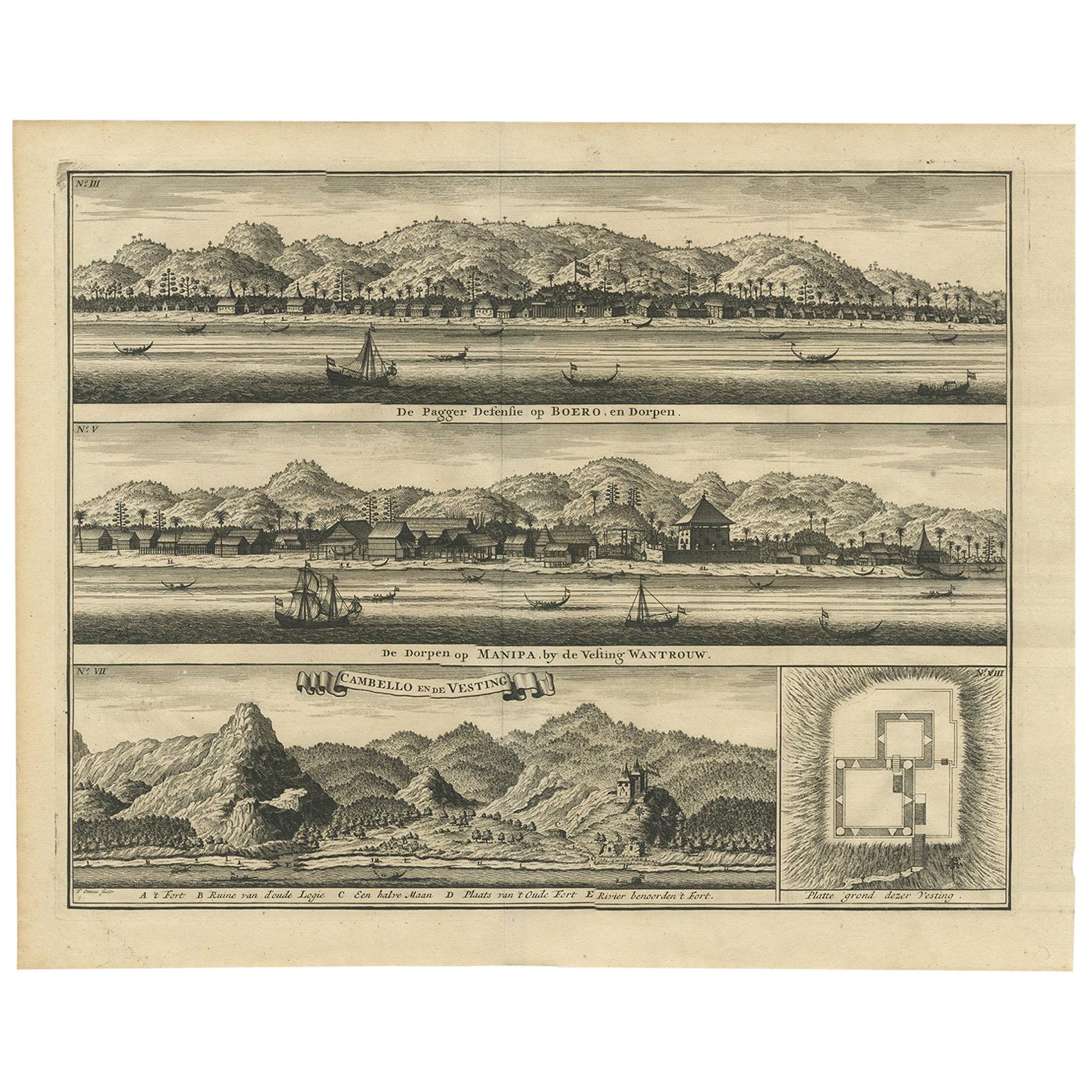 Impression ancienne des postes de traite d' Ambon par Valentijn, 1726