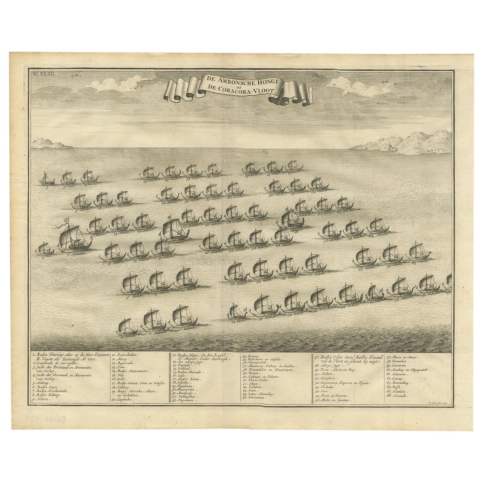 Stampa antica della flotta di Hongi/Coracora di Valentijn "1726