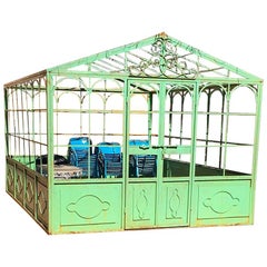 Vintage French Style Wrought Iron Greenhouse with Door and Windows in Green Color