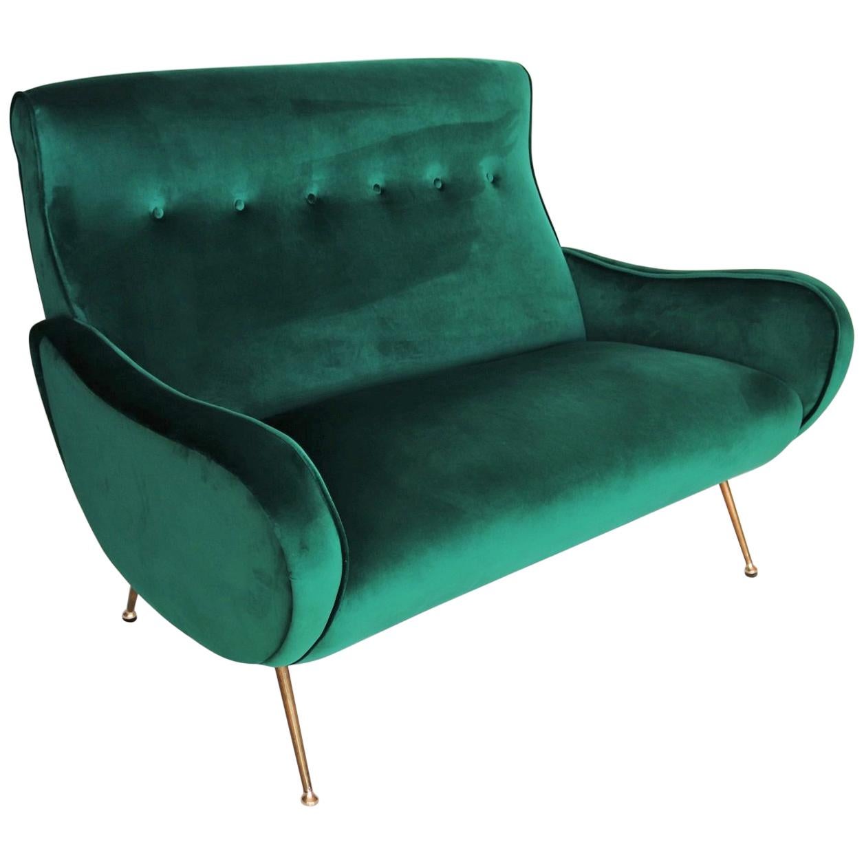 Italian Midcentury Sofa or Settee in New Green Velvet and Brass Tipps, 1950s For Sale