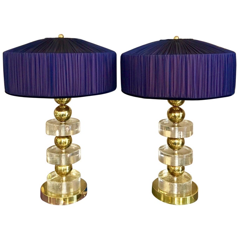 Pair Of Clear Glass Murano Lamps And Brass Double Colored Pair Of Clear Glass Murano Lamps And Brass Double Colored Lampshades 1970s For