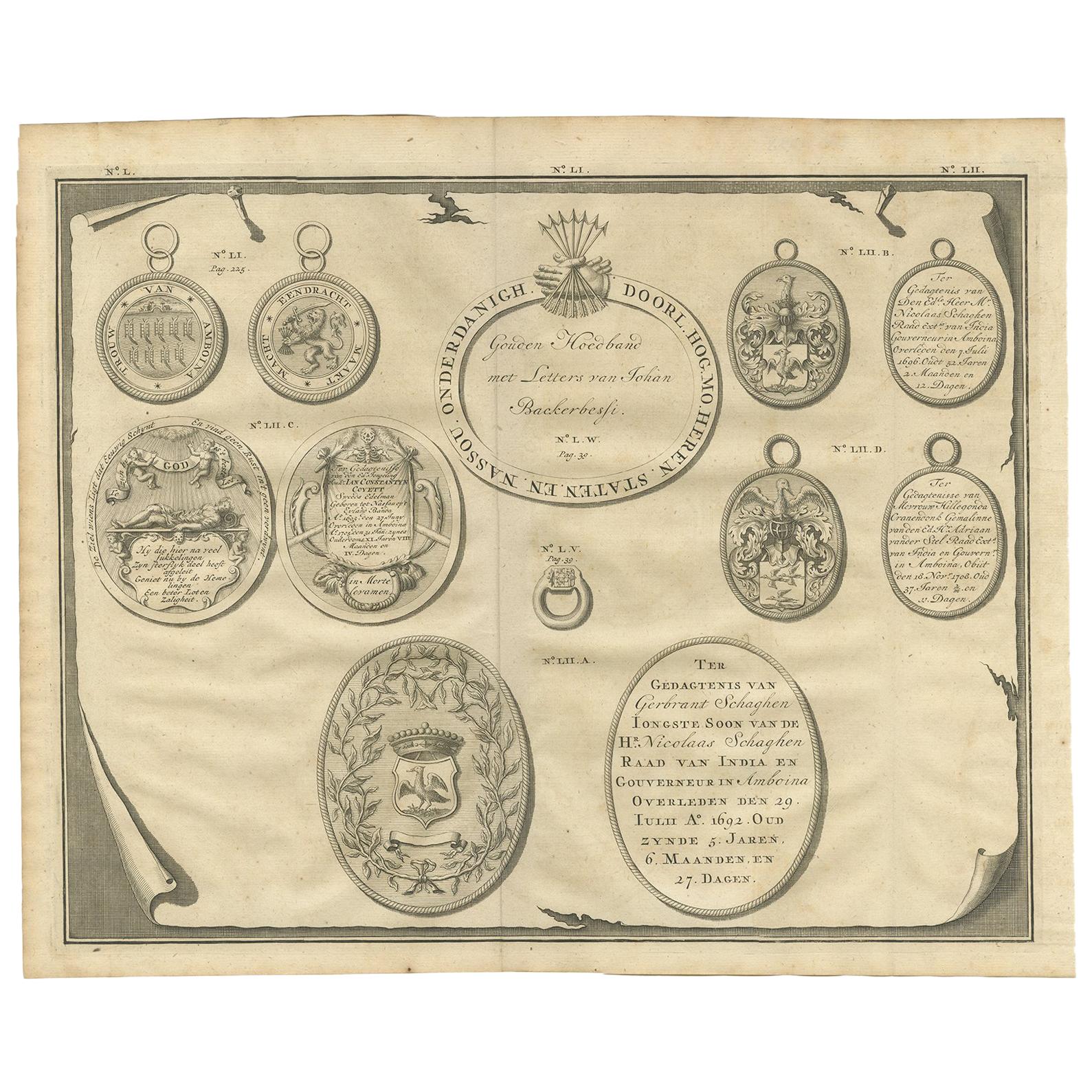 Stampa antica Targhe commemorative di Ambon di Valentijn, 1726