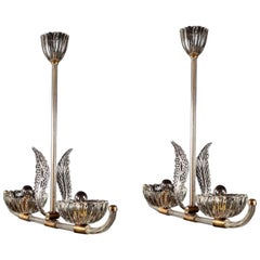 A PAIR of Art Deco Murano Glass and Brass Pendants or Lanterns  by Barovier 