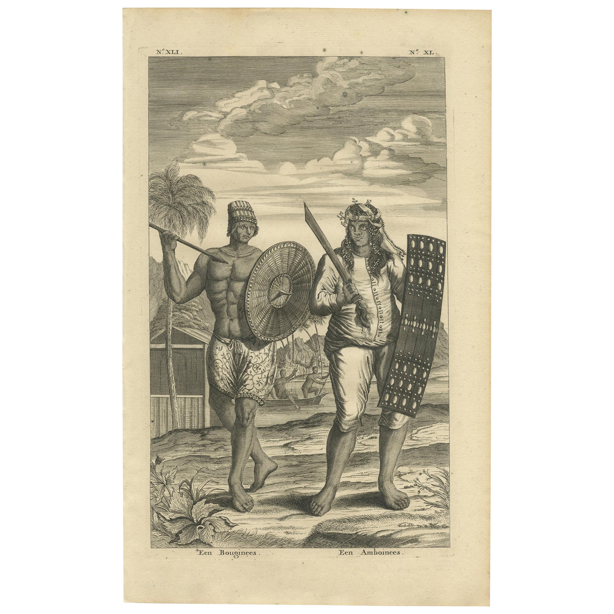 Antique Print of a Buginese and Ambonese Man by Valentijn, 1726 For Sale