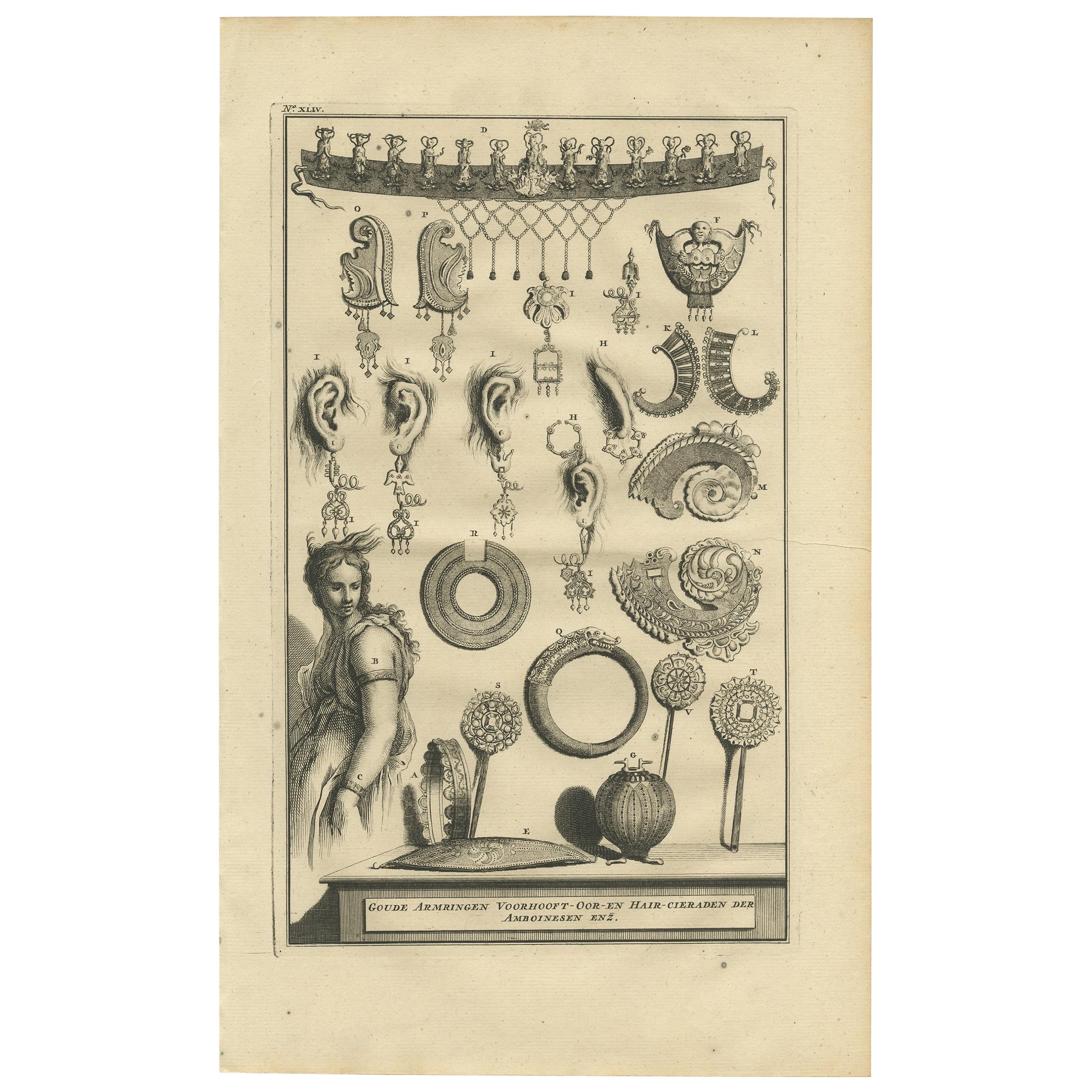 Antique Print of Ambonese Jewelry by Valentijn, 1726 For Sale