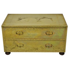 Vintage Brass Sarreid Two-Drawer Studded Campaign Low Chest of Drawers