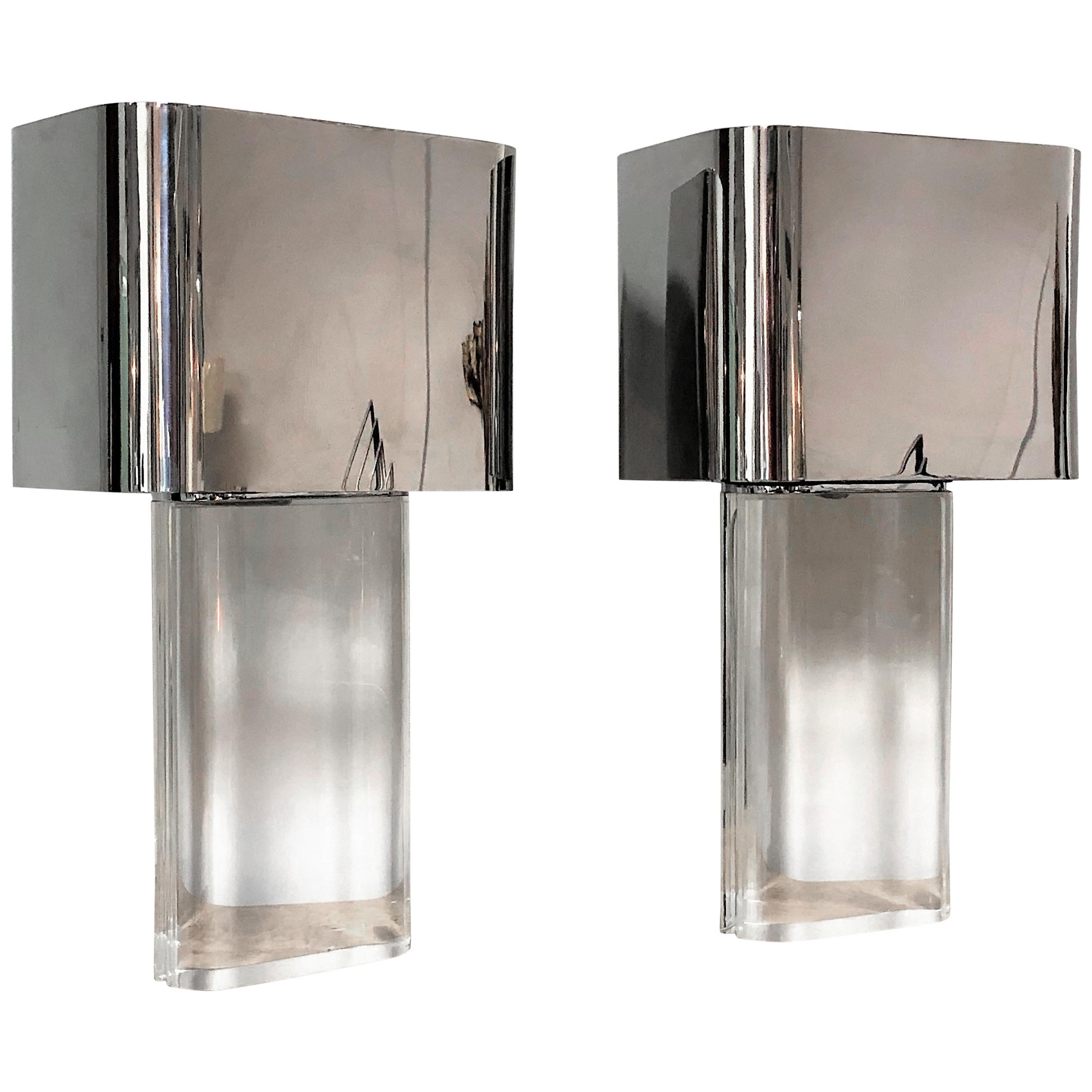 Karl Springer Monumental Pair of Lucite and Stainless Steel Table Lamps