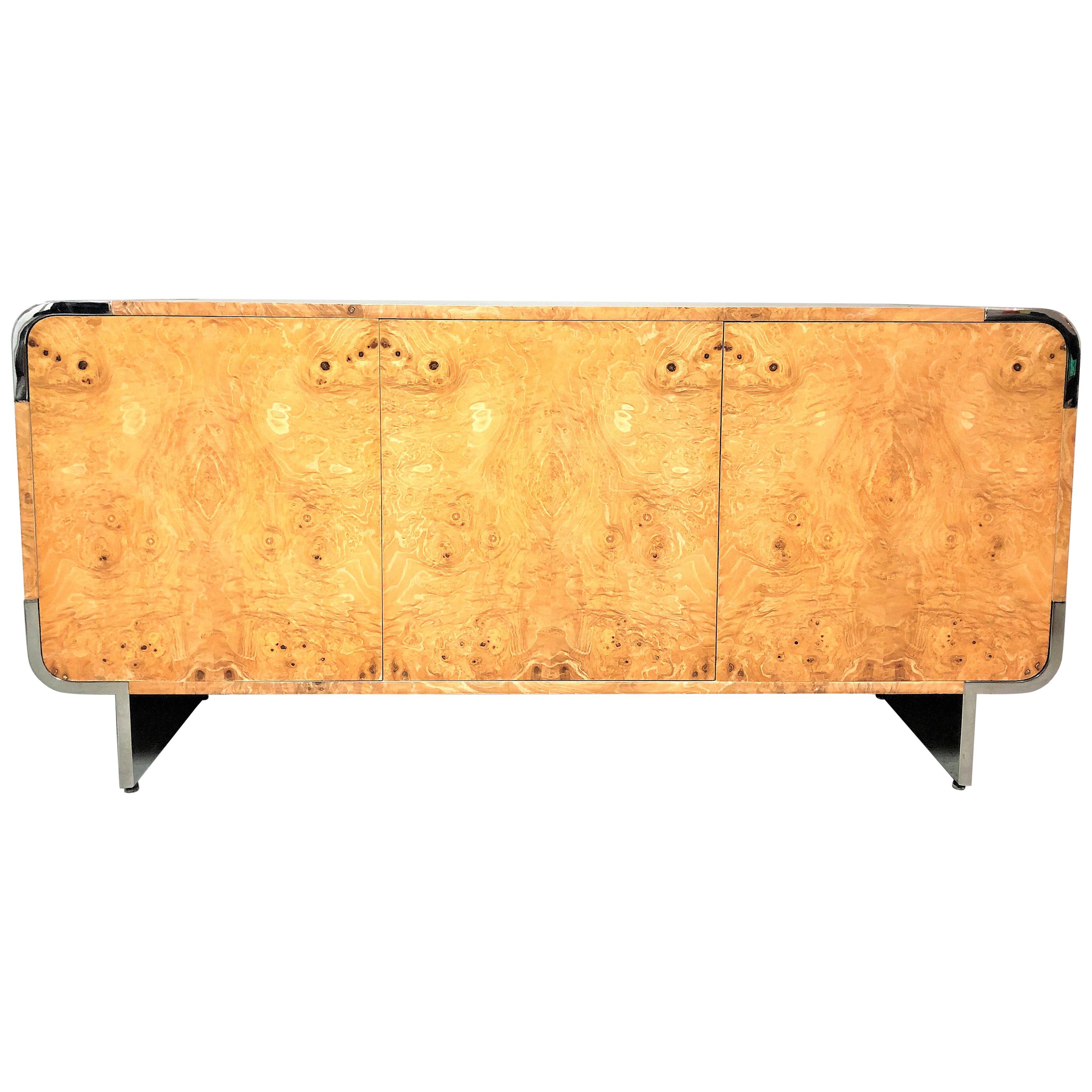 Pace Collection Stainless Steel and Burl Sideboard Console Credenza Cabinet 